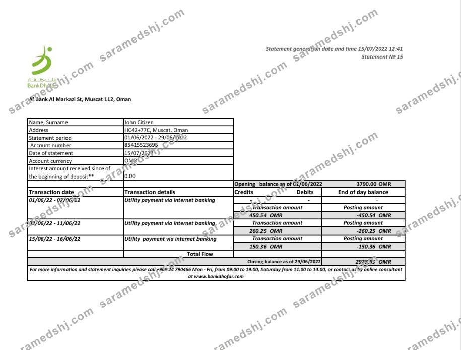 Oman Bank Dhofar bank statement Excel and PDF template